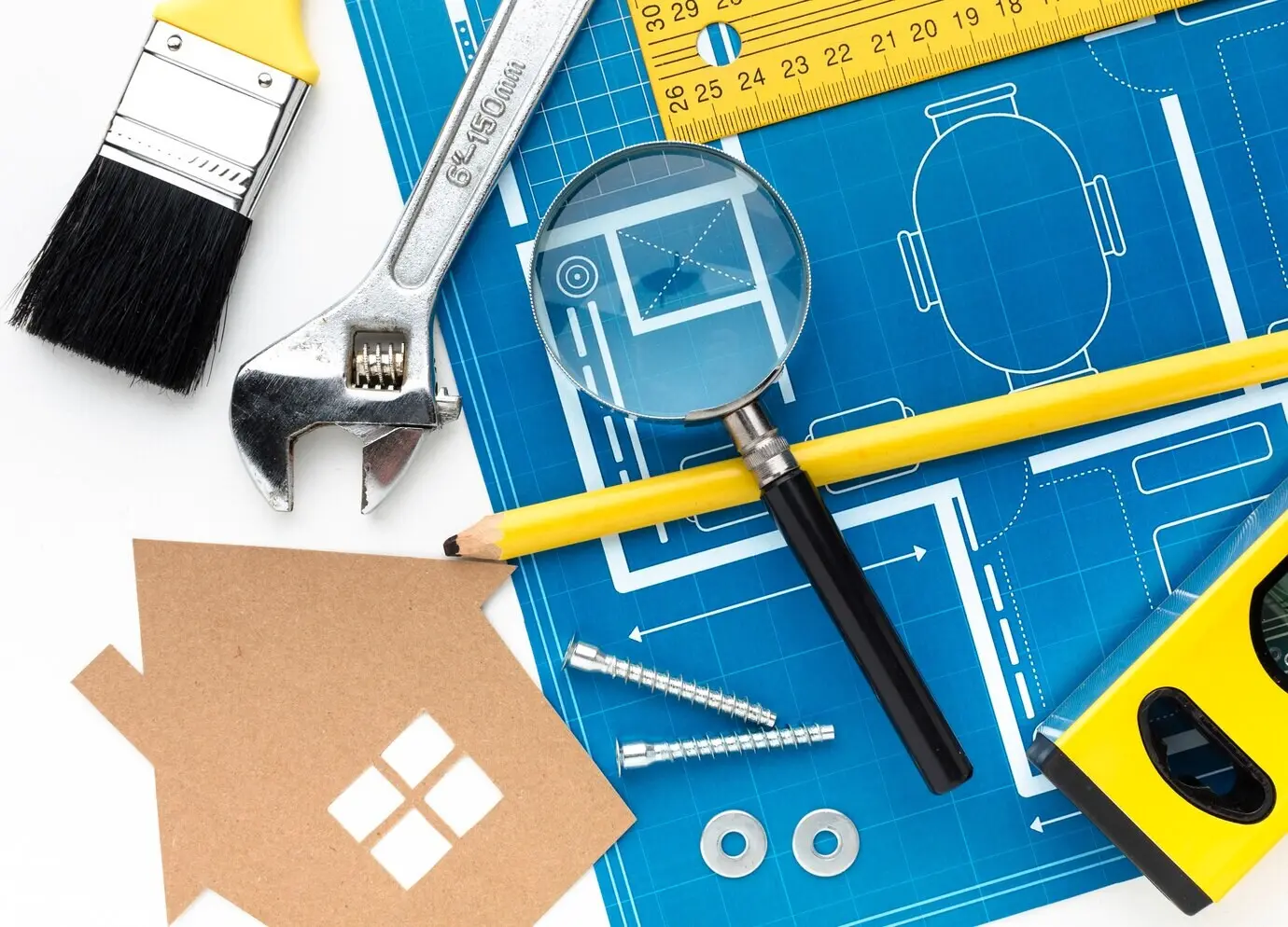 Blaupause eines Hauses mit einer Lupe